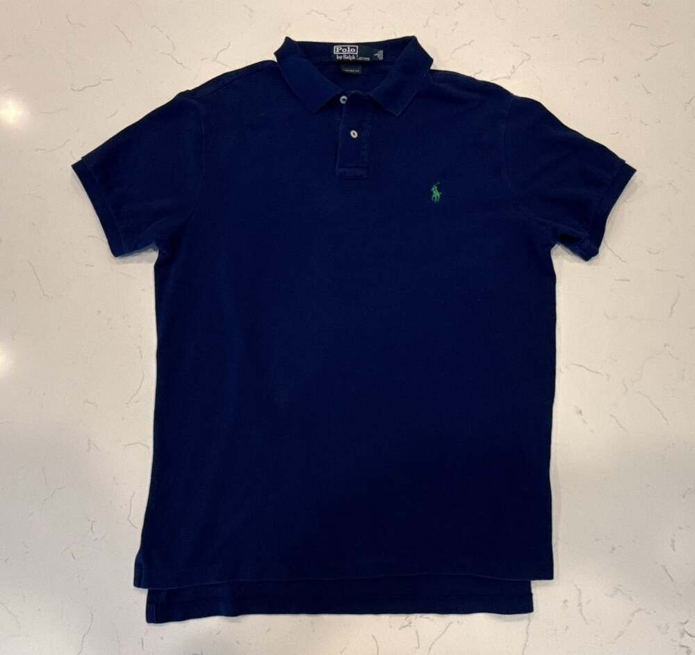 Polo Ralph Lauren Custom Fit Blue Short Sleeve Polo Shirt with Green Logo Size L